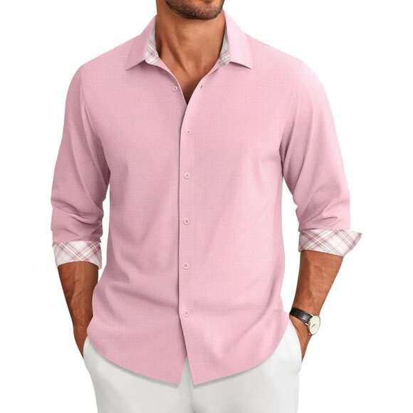 Coofandy Men Pink Long Sleeve Button Down Untucked Regular Fit Dress Shirt - Picture 1 of 7
